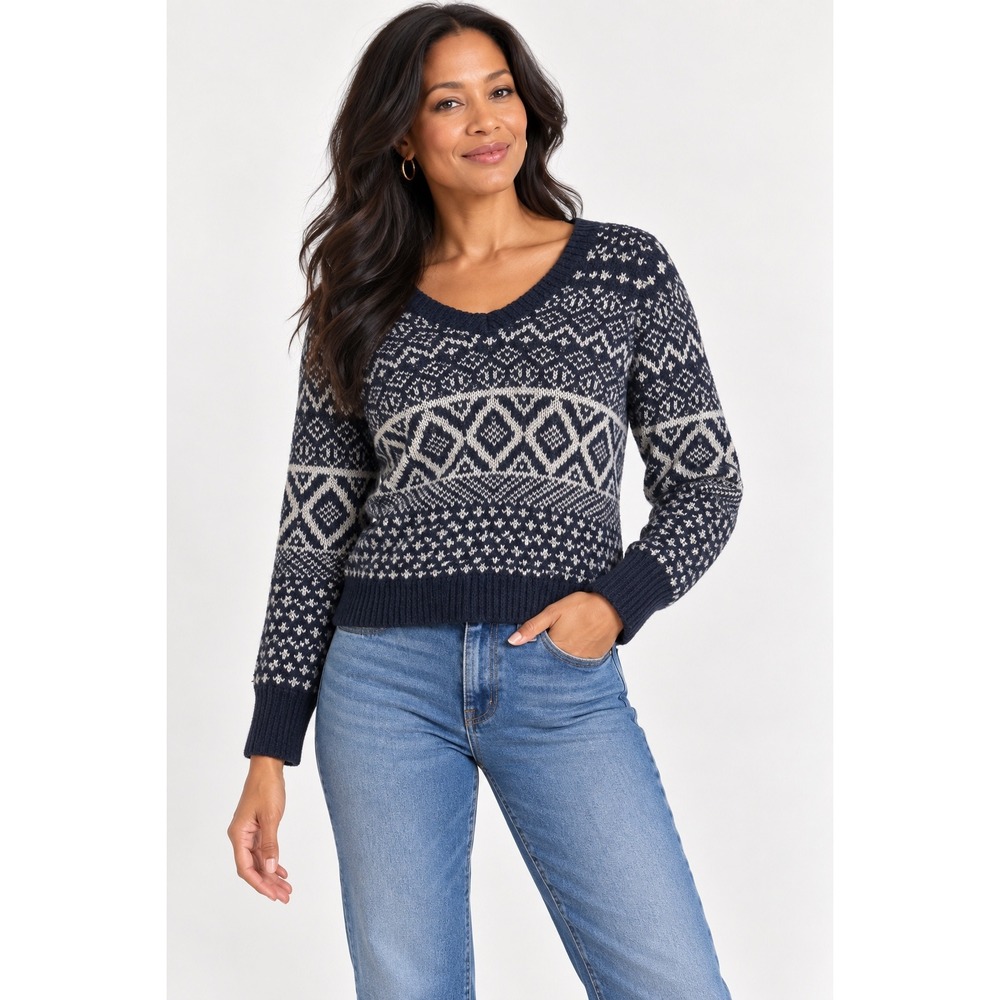 Abercrombie & Fitch Womens Navy Blue White Fair Isle V-Neck Sweater Small